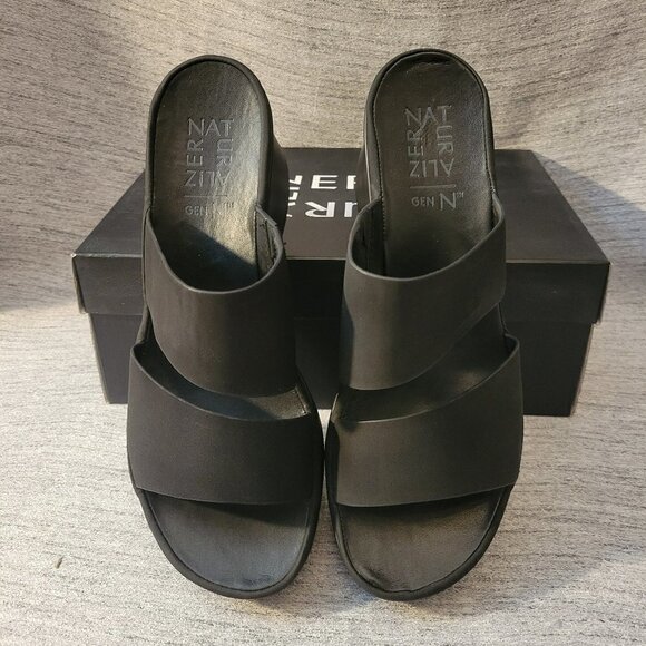 Naturalizer Genn-Rally Slide Wedge Sandals - Black Faux Nubuck - Picture 1 of 8